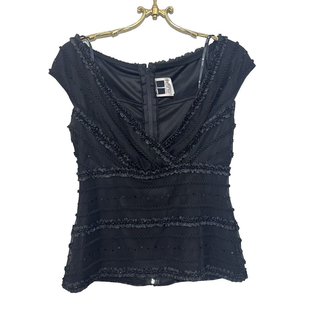 Tadashi Black Lace  Sleeveless Top Size 10 Ruffle Holiday‎ Evening Formal Party